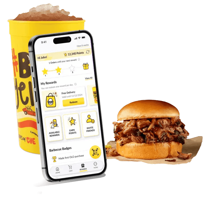 Dickey's Big Yellow Cup Rewards app showing loyalty points, rewards and barbecue badges
