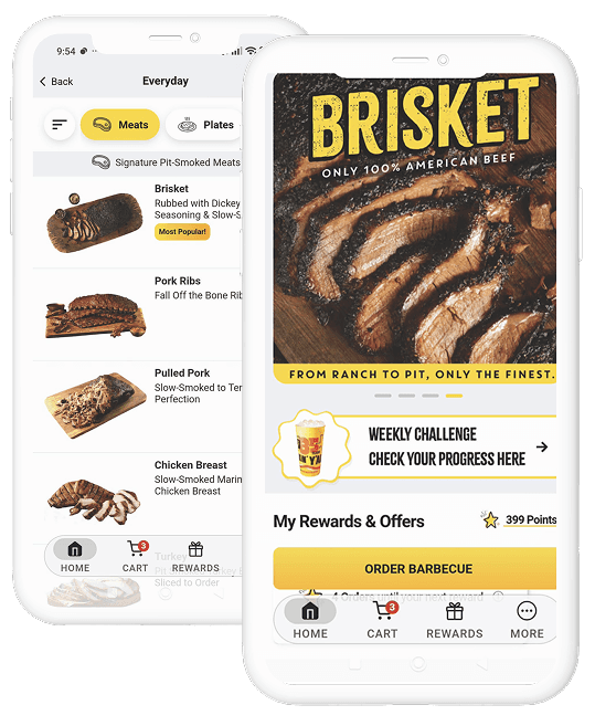 Two branded restaurant ordering apps showing a menu list and a home screen with rewards and offers