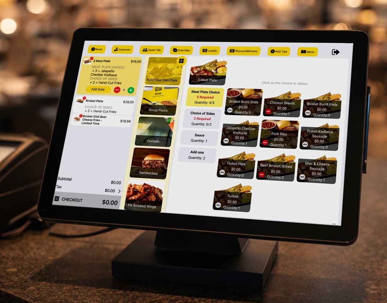 Close-up of a Spark Adriatic POS terminal showing an order with a 3 meat plate and the meat choice menu